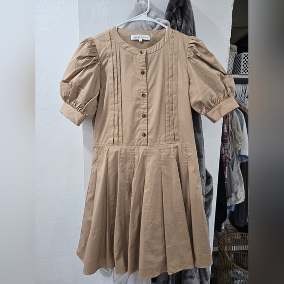 English Factory Tan Casual Dress with Puff Sleeves - Picture 1 of 4